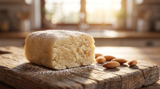Selbst gemachtes Marzipan als Rolle neben blanchierten Mandeln und Puderzucker
