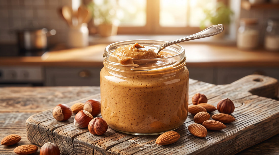 Selbst gemachtes Nussmus im Glas neben Mandeln und Cashewkernen