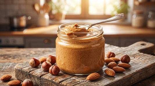 Selbst gemachtes Nussmus im Glas neben Mandeln und Cashewkernen