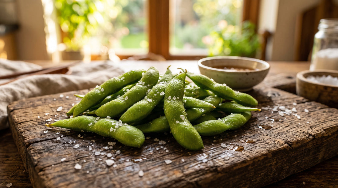 Gesalzene Edamame in grünen Hülsen in einer Schale serviert