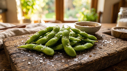 Gesalzene Edamame in grünen Hülsen in einer Schale serviert