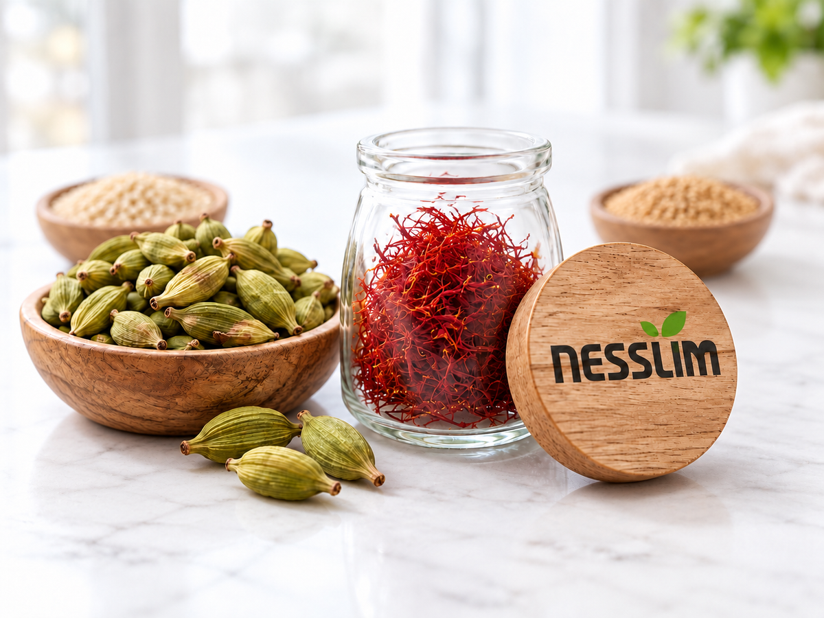 Safranfäden im Glas, grüner Kardamom und Sesamschalen im Hintergrund: aromatische Gewürze und Saaten von Nesslim zum Kochen und Backen.