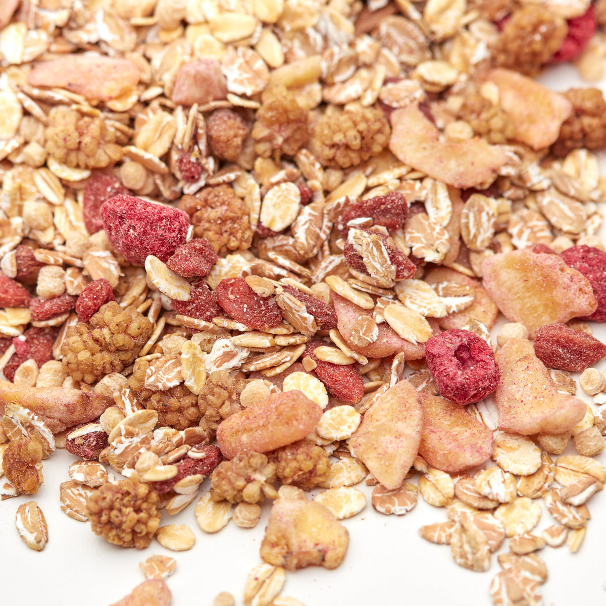 Knuspriges Berry & Fruit Müsli von NESSLIM mit Flocken, roten Beeren und fruchtigen Highlights für dein Frühstück.