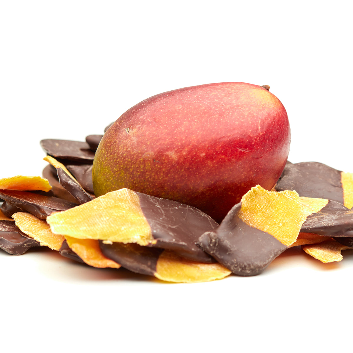 Mango in dunkler Schokolade von NESSLIM als fruchtig-süßer Snack mit herbem Kakao-Finish.